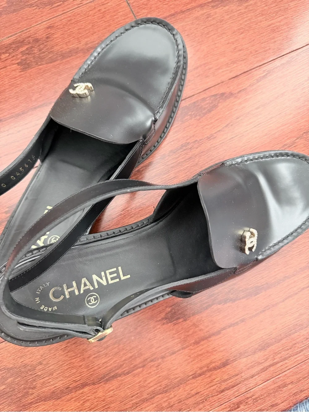 CHANEL Black Leather Slingback Loafers with Gold CC Hardware 41